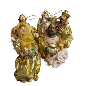 Christmas Nativity Jesus Mary 3 Wise Men Large Ornaments Fabric & Resin Set